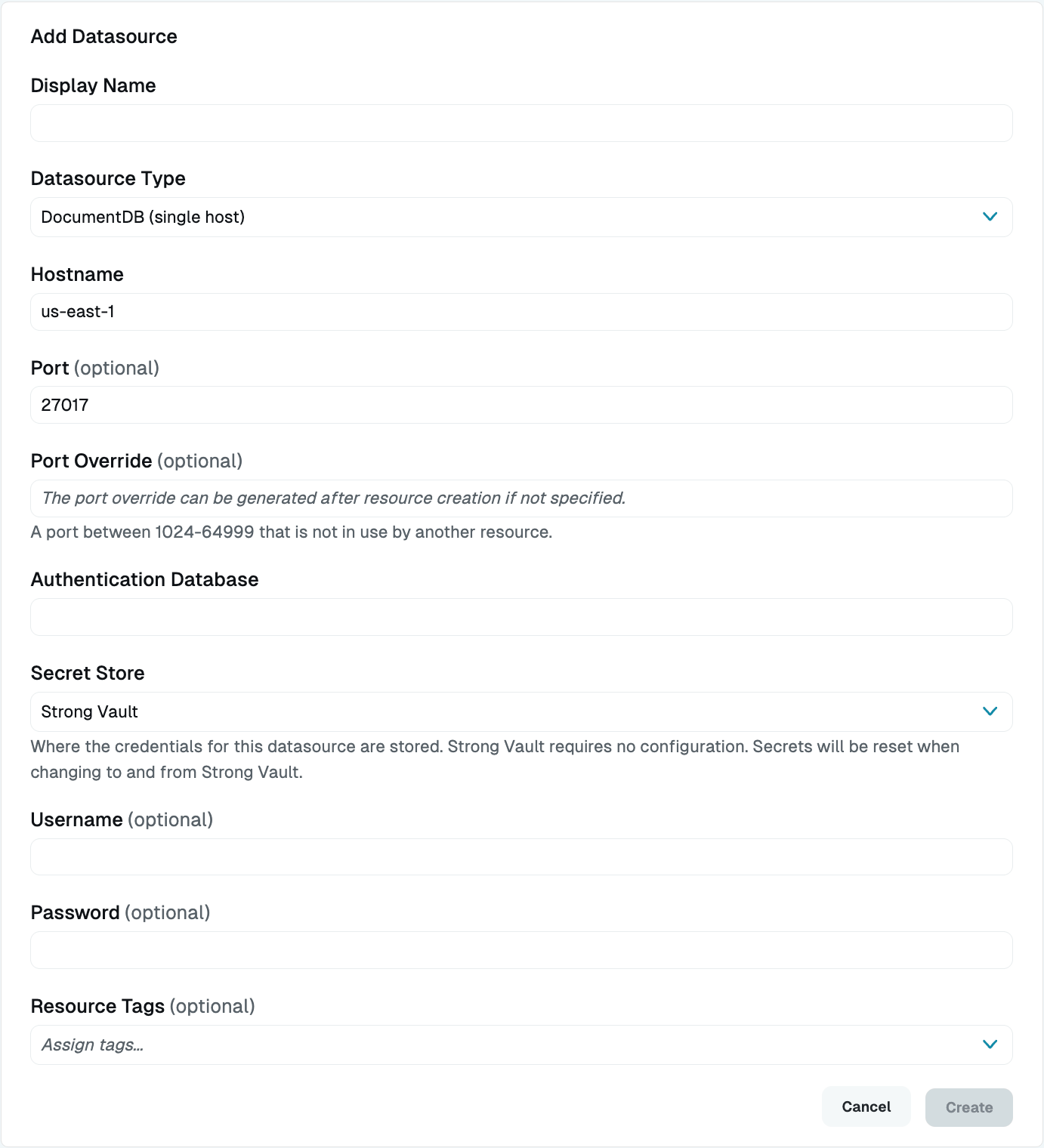 Add Datasource Dialog for Amazon DocumentDB (single host)