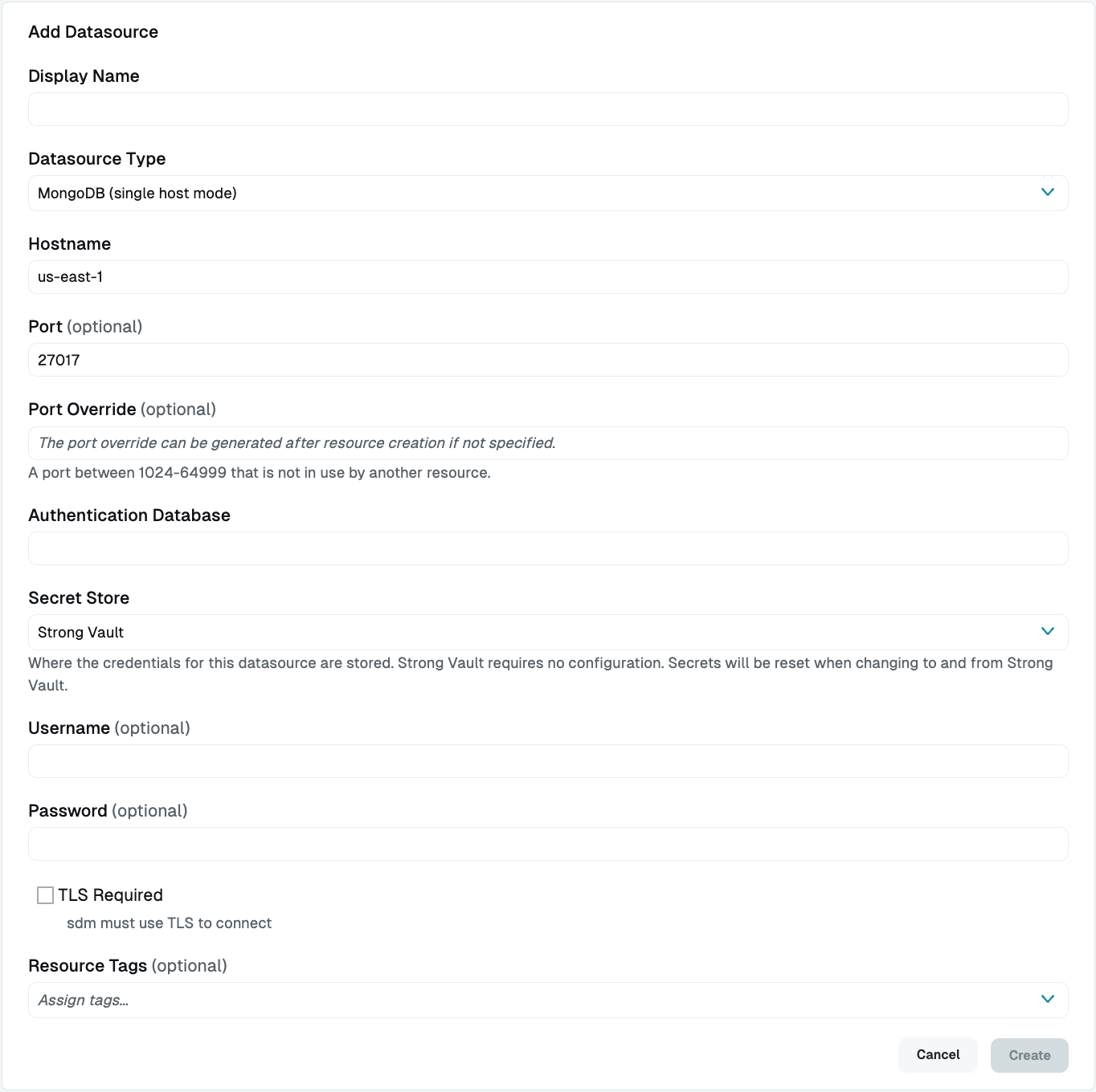 Add MongoDB (Single Host) Datasource Dialog