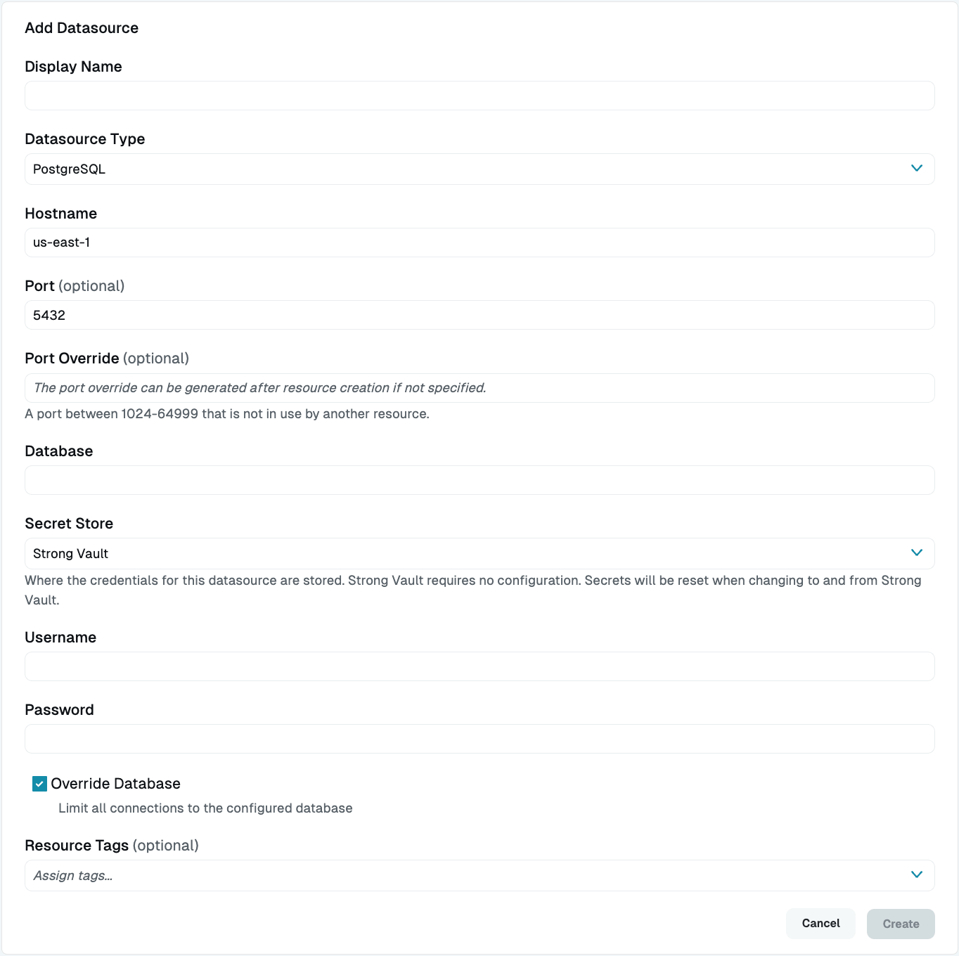 Add PostgreSQL Datasource Dialog